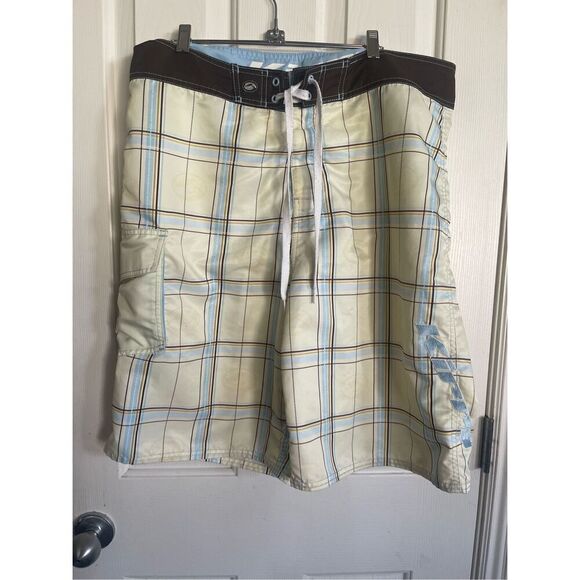 Kirra Mens Yellow Blue Plaid Surfer Board Short Size 36 - Picture 15 of 16